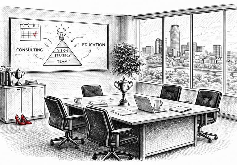 Pencil sketch of a modern office conference room with a business strategy whiteboard and city skyline view.