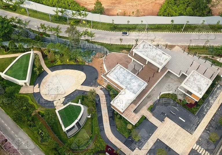 Aerial view of commercial landscape design with turf and garden beds – Yie Yang Landscape