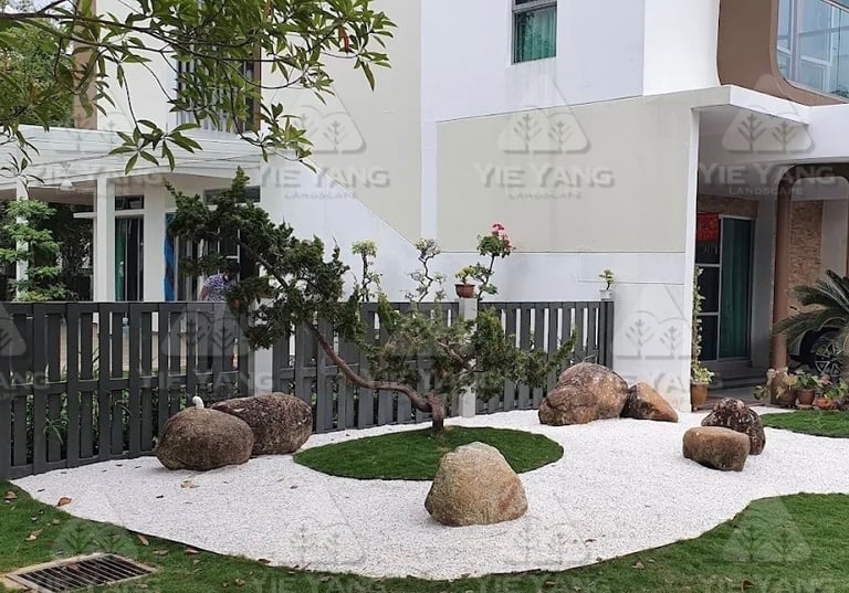 Zen front yard with white pebbles at Setia Eco Glades, Cyberjaya. - Yie Yang Landscape