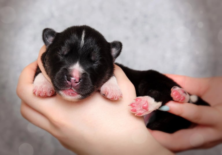 Schwarz-weißer Huskywelpe liegt in der Hand.