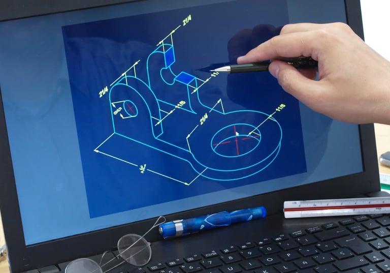 Engineer pointing at a 3D mechanical CAD blueprint on a laptop screen for product design.
