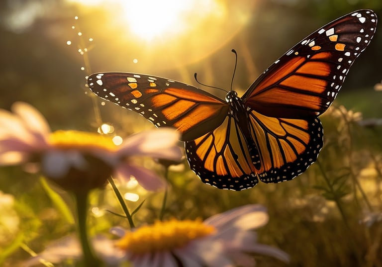 papillon aux couleurs orangées, éclairé par le soleil, avec deux fleurs en gros plan à l'avant