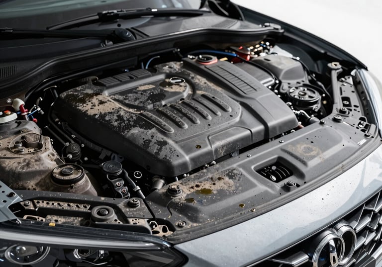 Engine bay of a modern car covered in thick road grime, dust, and dried oil spots, dull plastic covers, premium automotive photography
