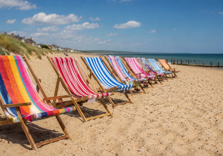 A row of colorful striped beach deck chairs on a sandy shore under a bright blue sky.