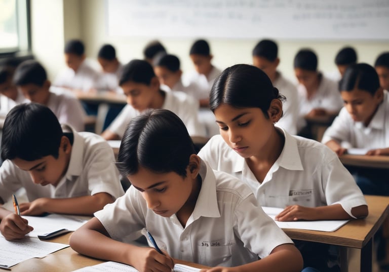 A friendly tutor explaining a math problem to a focused student in a bright classroom.