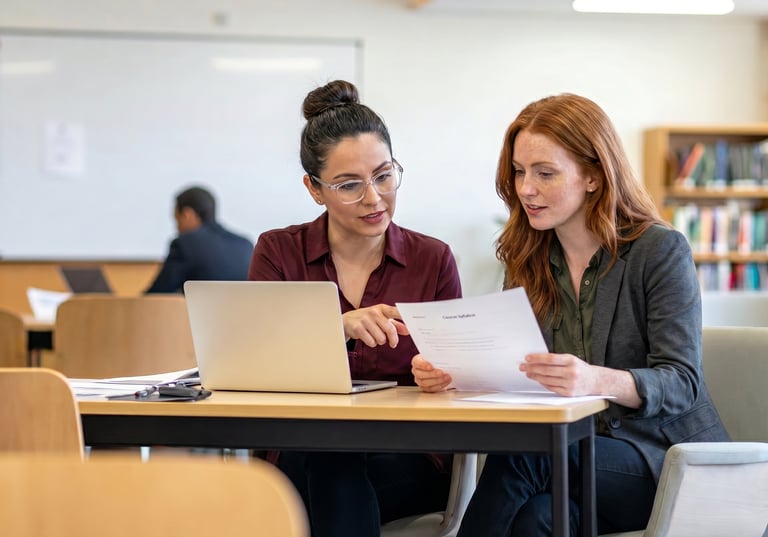 Illustration of two professionals reviewing course materials and evaluation documents.