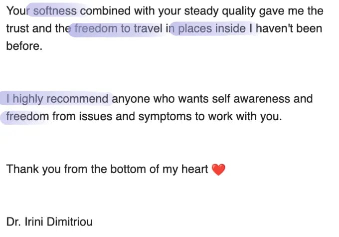 Client testimonial describing gaining self-awareness, inner freedom and trust to explore issues 
