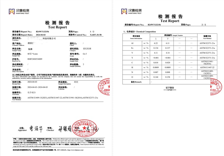 Titanium test report document showing chemical composition, mechanical properties and certification