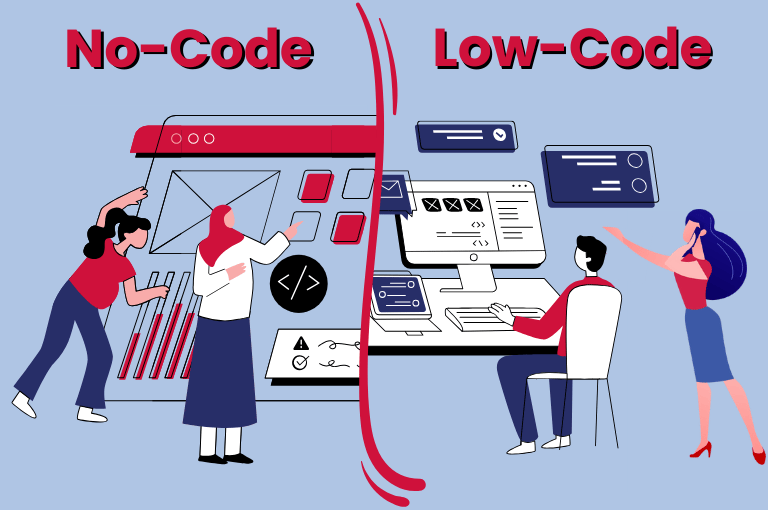Comparison of no-code vs low-code platforms showing developers building applications with visual interfaces.