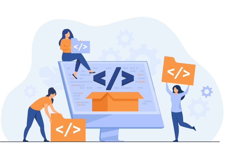 Software developers collaborating on web programming and open source code development.