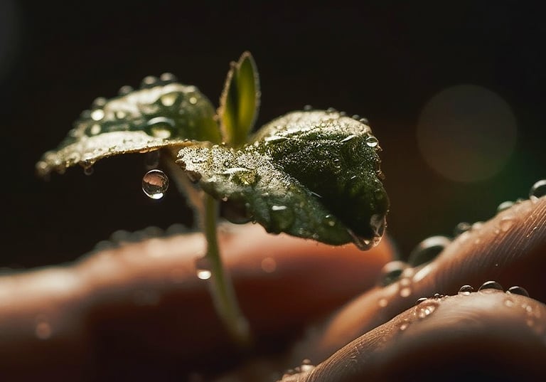 petit plant avec des perle d'eau sur ces feuilles, qui est tenu au creux d'une main