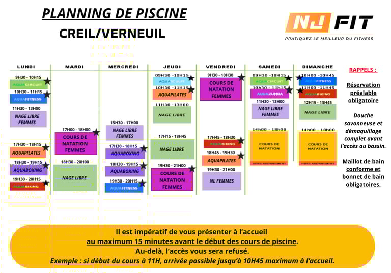 Planning piscine NJFIT Creil-Verneuil