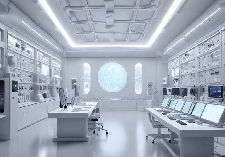 A sleek sci-fi laboratory filled with glowing neural interface devices and robotic arms operating autonomously.
