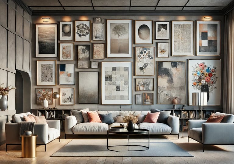 Galeria wall em uma sala de estar contemporânea com obras de arte emolduradas, sofá moderno, mesa