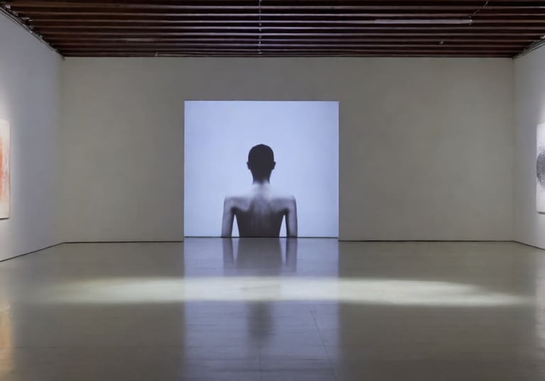 Sala de galeria minimalista com uma projeção em tela grande