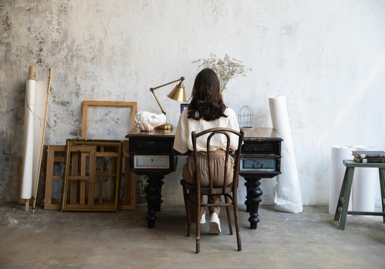 Mulher sentada à escrivaninha (Visão de costas)