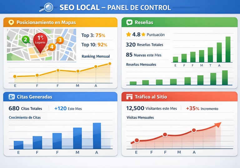 Dashboard de resultados SEO local para taller mecánico ejemplo marketing digital efectivo