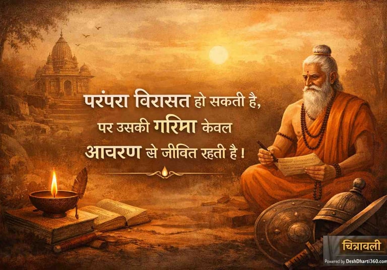 परंपरा और आचरण पर आधारित उद्धरण के साथ भारतीय सांस्कृतिक प्रतीकात्मक चित्र — ऋषि, दीपक और ज्ञान का वातावरण