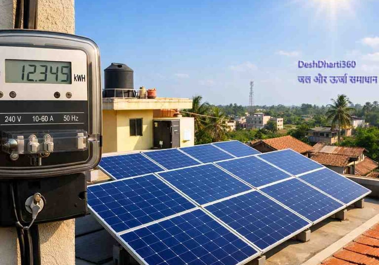 भारतीय घर की छत पर लगा 3 किलोवाट सोलर पैनल सिस्टम और सामने डिजिटल बिजली मीटर