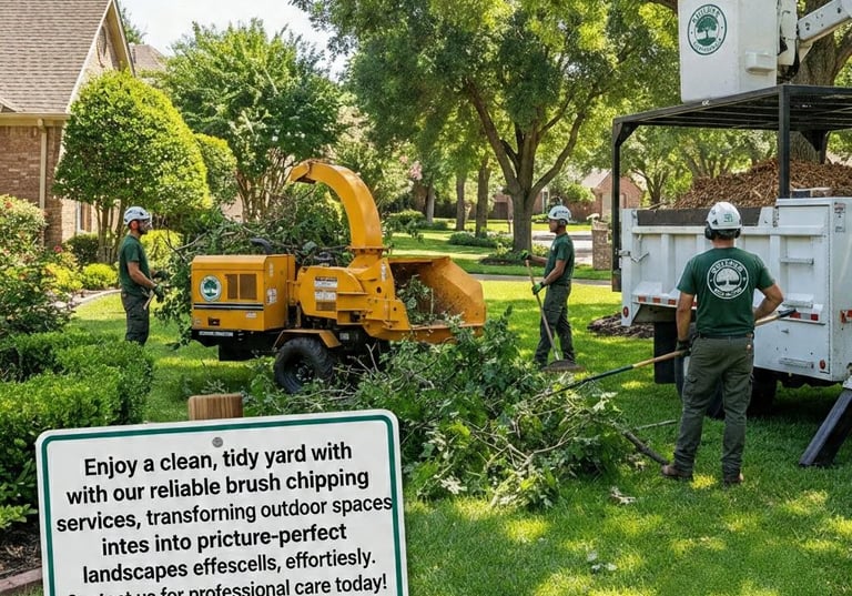 Crew feeding branches into a chipper with wood chips ejecting into a truck.