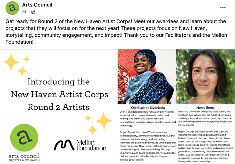 artist corps arts council greater new haven mellon foundation