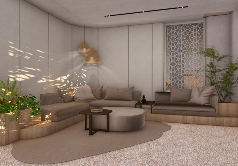 Majlis seating with mashrabiya screen, House of the Future UAE