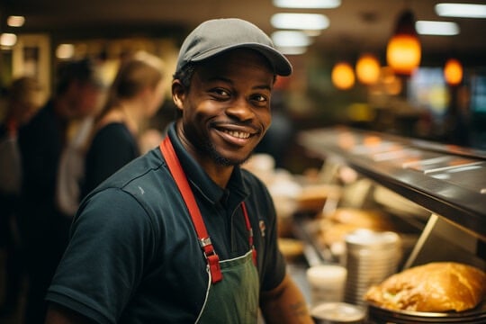 a man in a hat and aprons standing in front of a counter