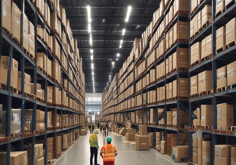 Professional business team collaborating in a modern office with a map of Asia and shipping containers visible through the window.