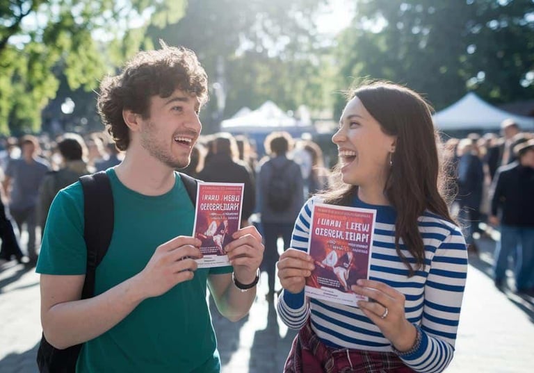 Smiling students holding event flyers at a sunny outdoor college campus festival.