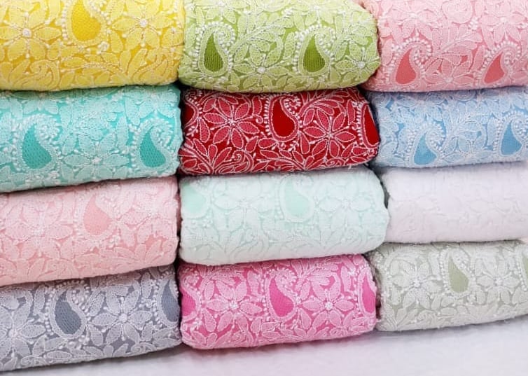 Georgette unstitched colorful Chikankari hand embroidery fabric with floral and paisley patterns.