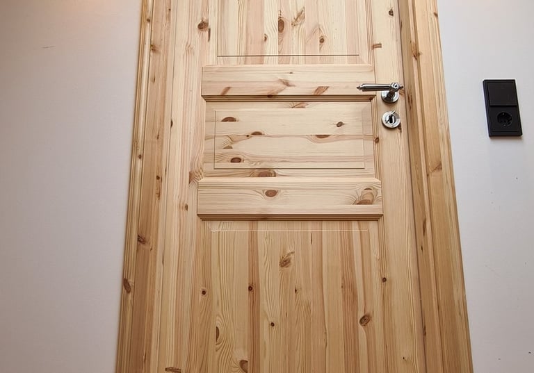 Instalación de puerta de madera maciza en vivienda reformada en Mallorca por ZEGA