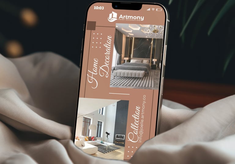 Smartphone affichant une application moderne de décoration intérieure et un logo