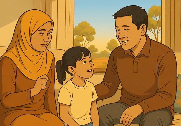 Malay parents praising their daughter in a bright Robinvale home, warm morning light, gum trees and red soil visible through 