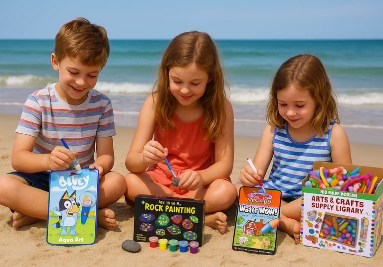 Kids enjoying top craft kits on beach – summer 2025 fun.