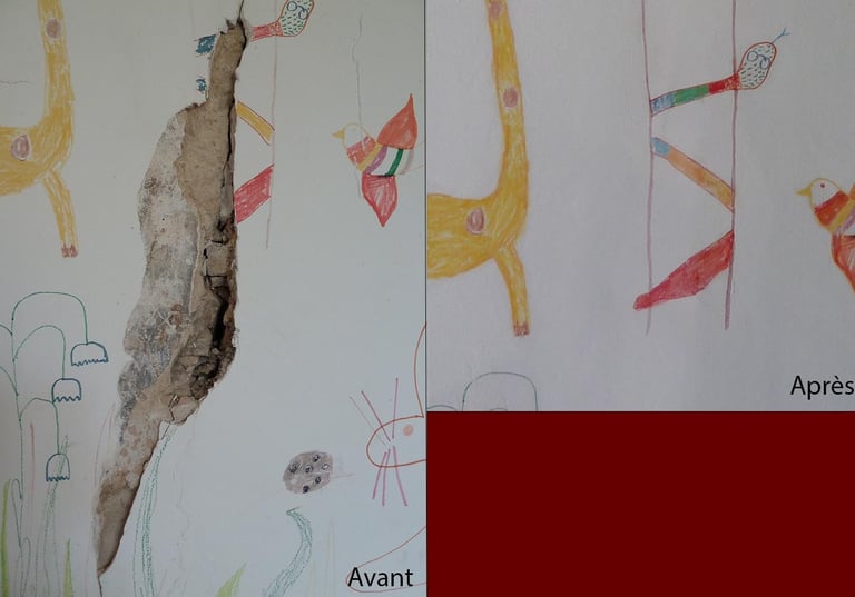 Restauration d'un mur peint avec des dessins d'enfants. Souvenirs maison familiale.