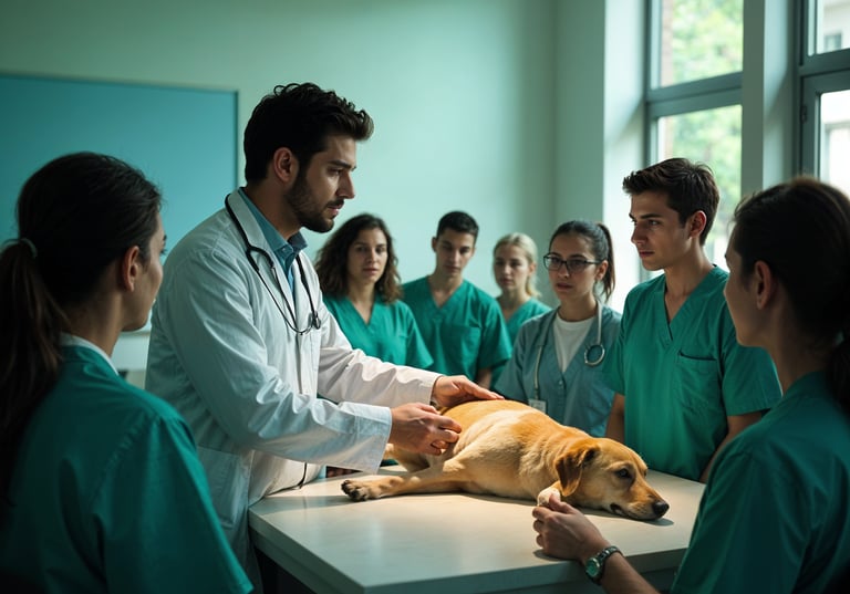 Curso de cirugía veterinaria con estudiantes y docente en práctica clínica.