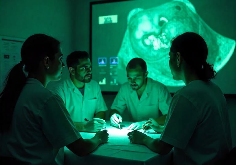 Estudiantes revisan ecografía veterinaria con guía profesional en consulta.