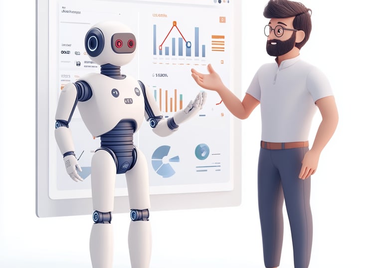a man in a white shirt and a robot