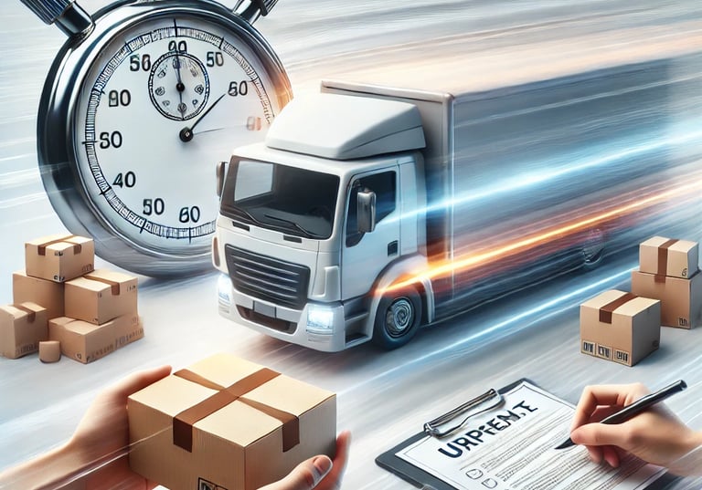 "Urgent cargo courier service concept image featuring a fast-moving delivery truck with motion blur,