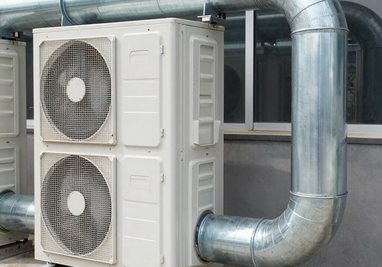 Technician installing large industrial air conditioning unit inside a factory.