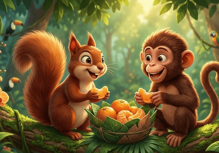 A cute cartoon squirrel and monkey eating orange slices in a lush tropical jungle setting.