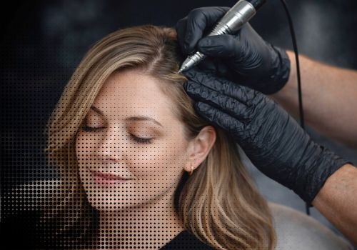 Professional scalp micropigmentation procedure for hair thinning treatment on a blonde woman.