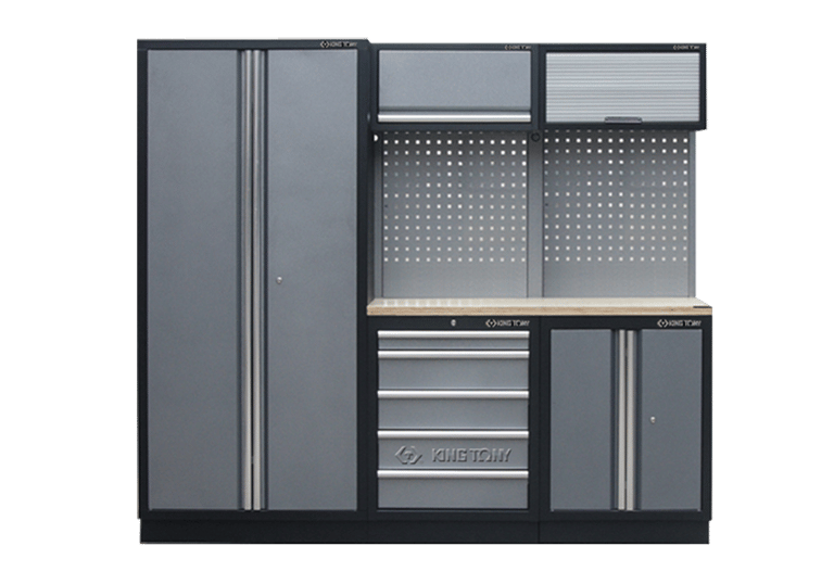 Custom garage storage cabinets installed beside epoxy floor