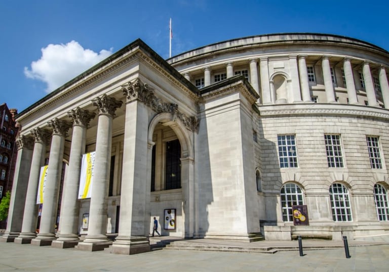 Picture with the entrance to Manchester Central Library in the UK
