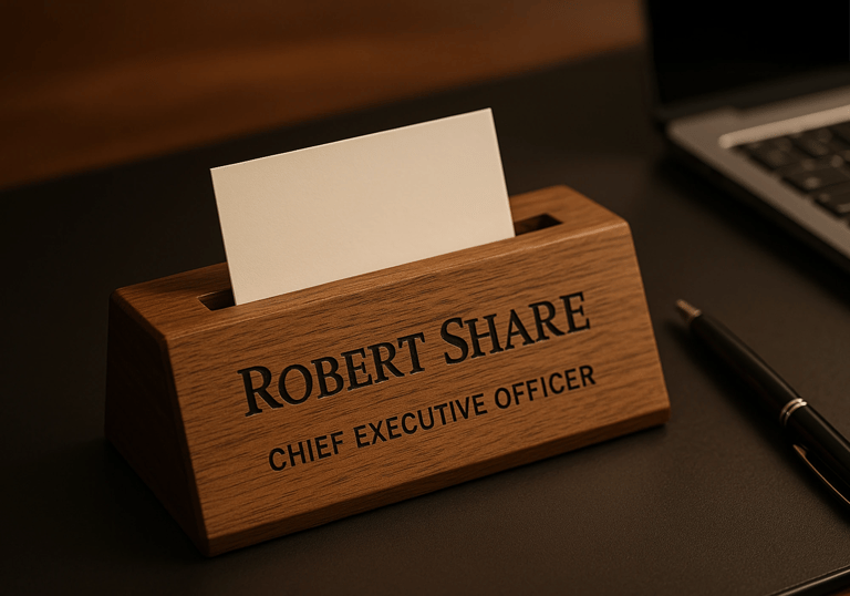 Wooden engraved CEO nameplate with pen. Office desk display for executives or business gifts.