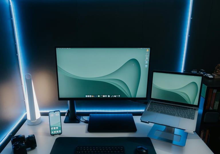 a desk with a laptop and a monitor screen