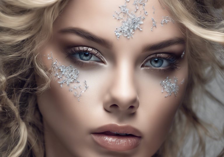 a beautiful woman with a snowflake like makeup on her face