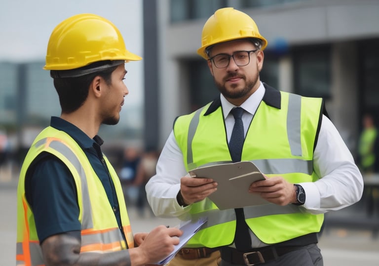 two men in safety vests standing in front of a building