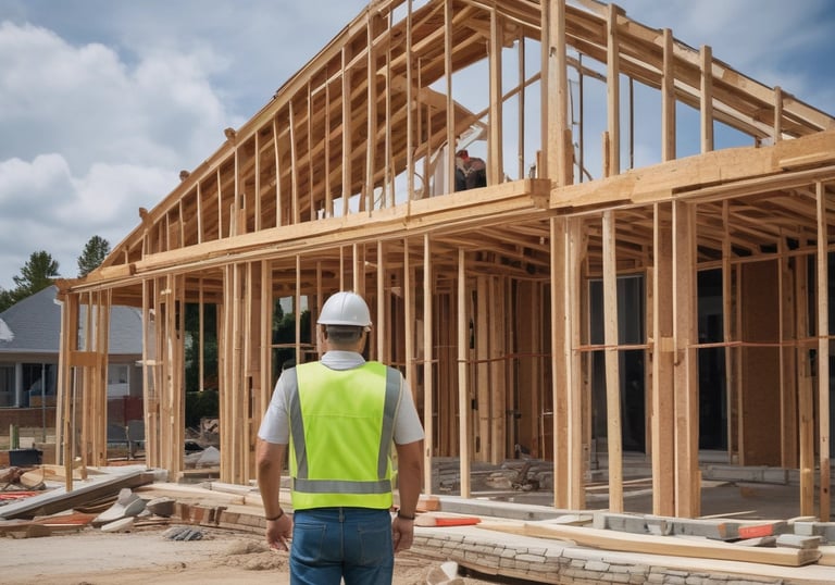 A construction site featuring a partially-built structure with exposed scaffolding and metal beams. The area is enclosed with a temporary barrier featuring images of construction workers and the word 'TEAMSWORK'. A tall crane is visible in the background. Sparse trees line the pavement in front of the construction area.