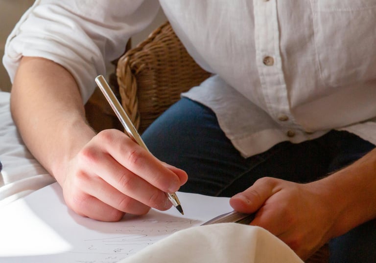 a person sitting on a bed with a pen and a pen